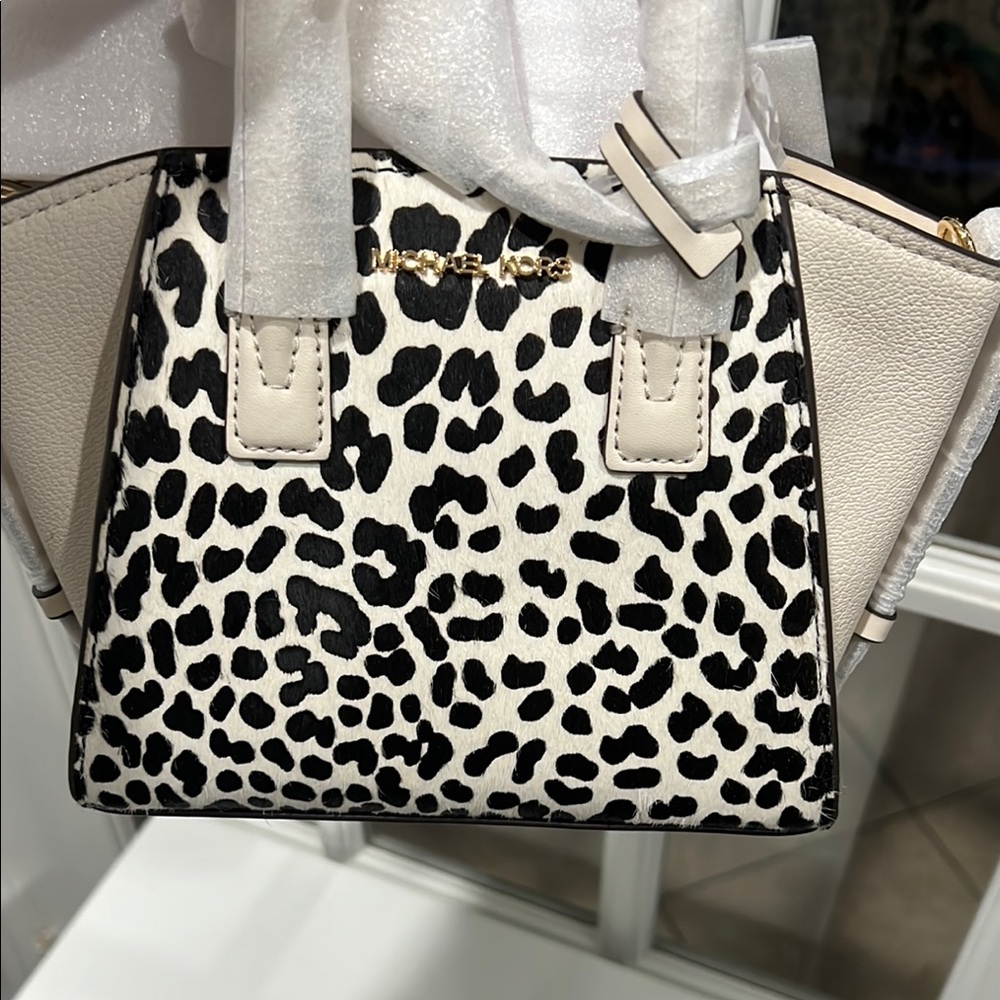Michael Kors Black and White Satchel with Animal Print real haircalf